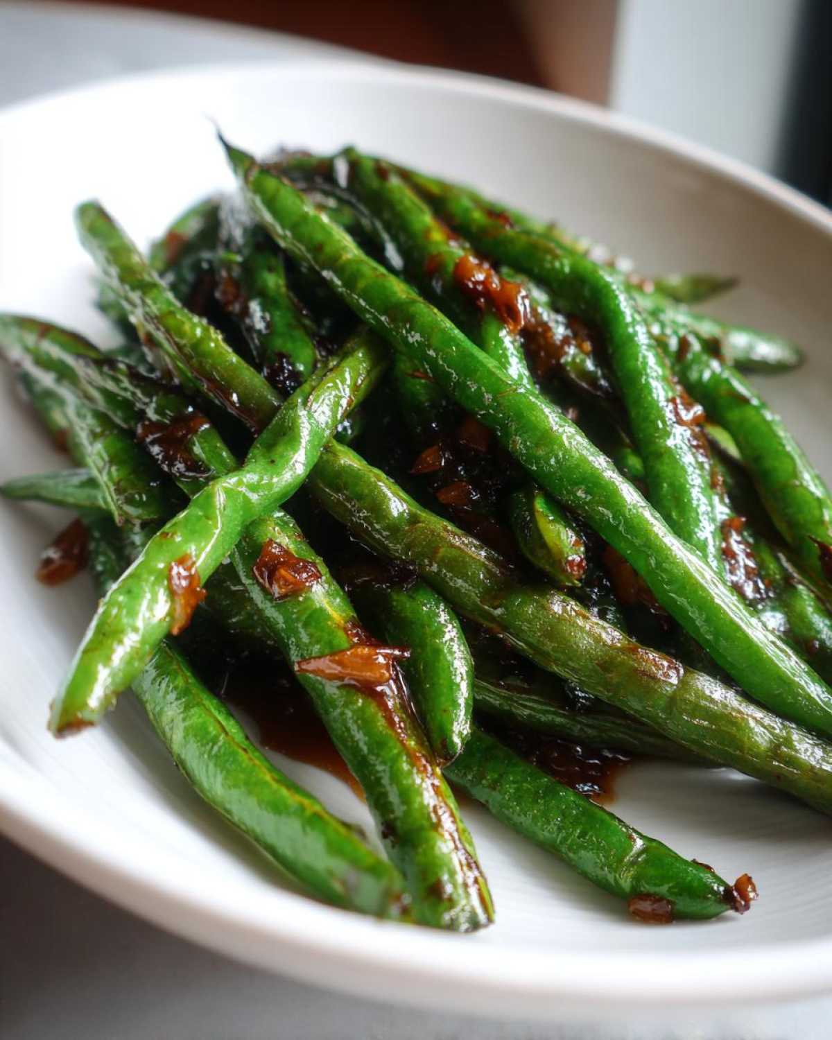 Close-up of vibrant green beans coated in a savory brown garlic sauce.