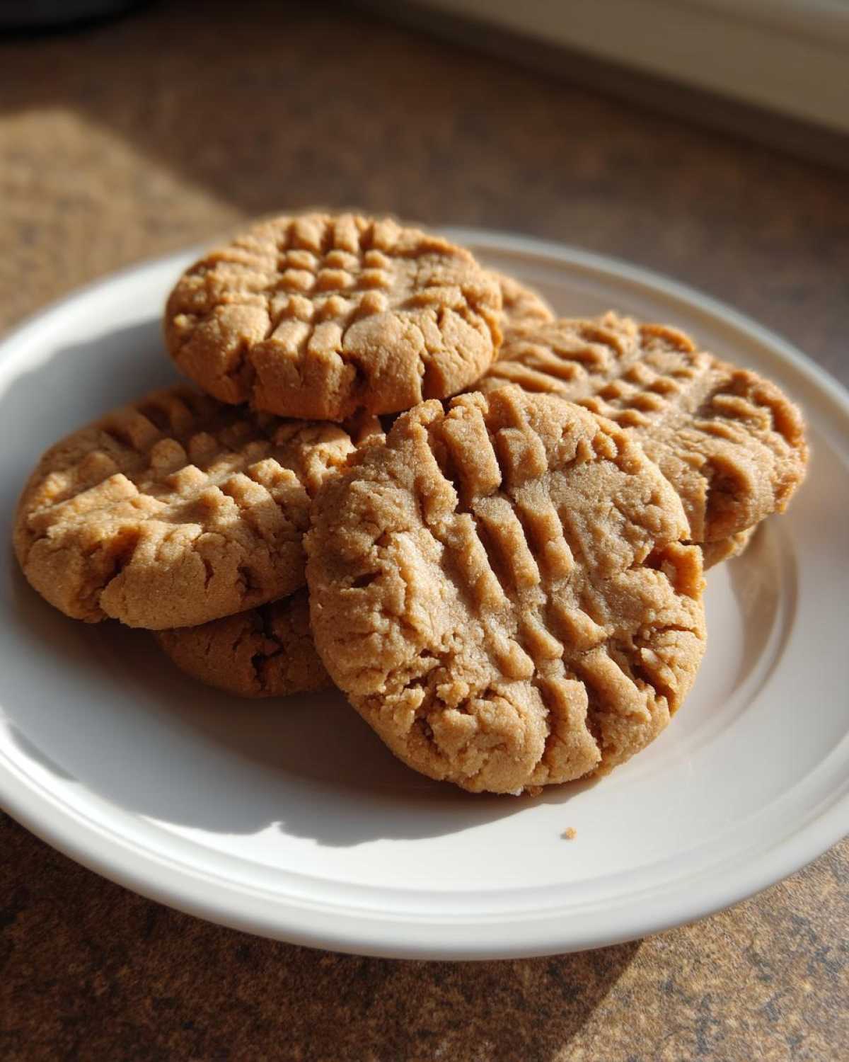 A stack of freshly baked peanut butter cookies showing classic crisscross fork marks on a white plate.
