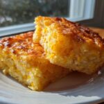 Two golden squares of moist cornbread casserole, studded with corn kernels, stacked slightly on a white plate.