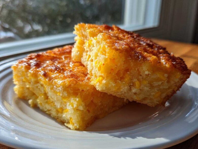Two golden squares of moist cornbread casserole, studded with corn kernels, stacked slightly on a white plate.