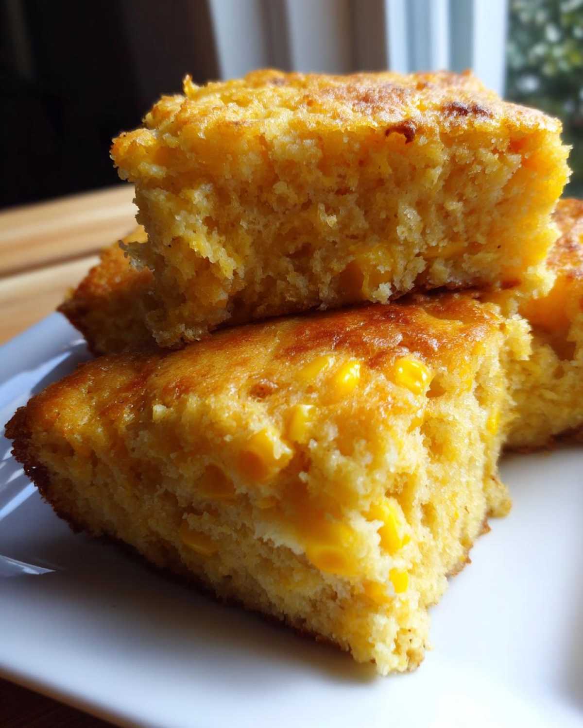 Close-up of stacked, golden squares of fluffy cornbread casserole studded with whole corn kernels.
