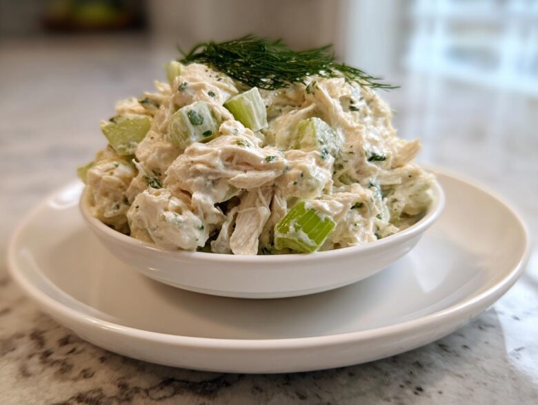 A serving of creamy cottage cheese chicken salad with visible celery chunks, topped with fresh dill.