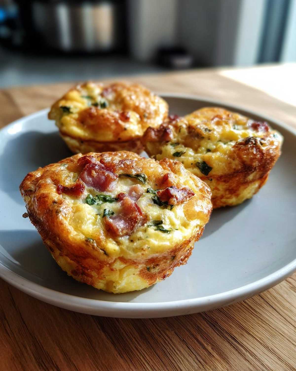 Three golden brown cottage cheese egg cups starbucks style, topped with bacon and spinach, served on a gray plate.