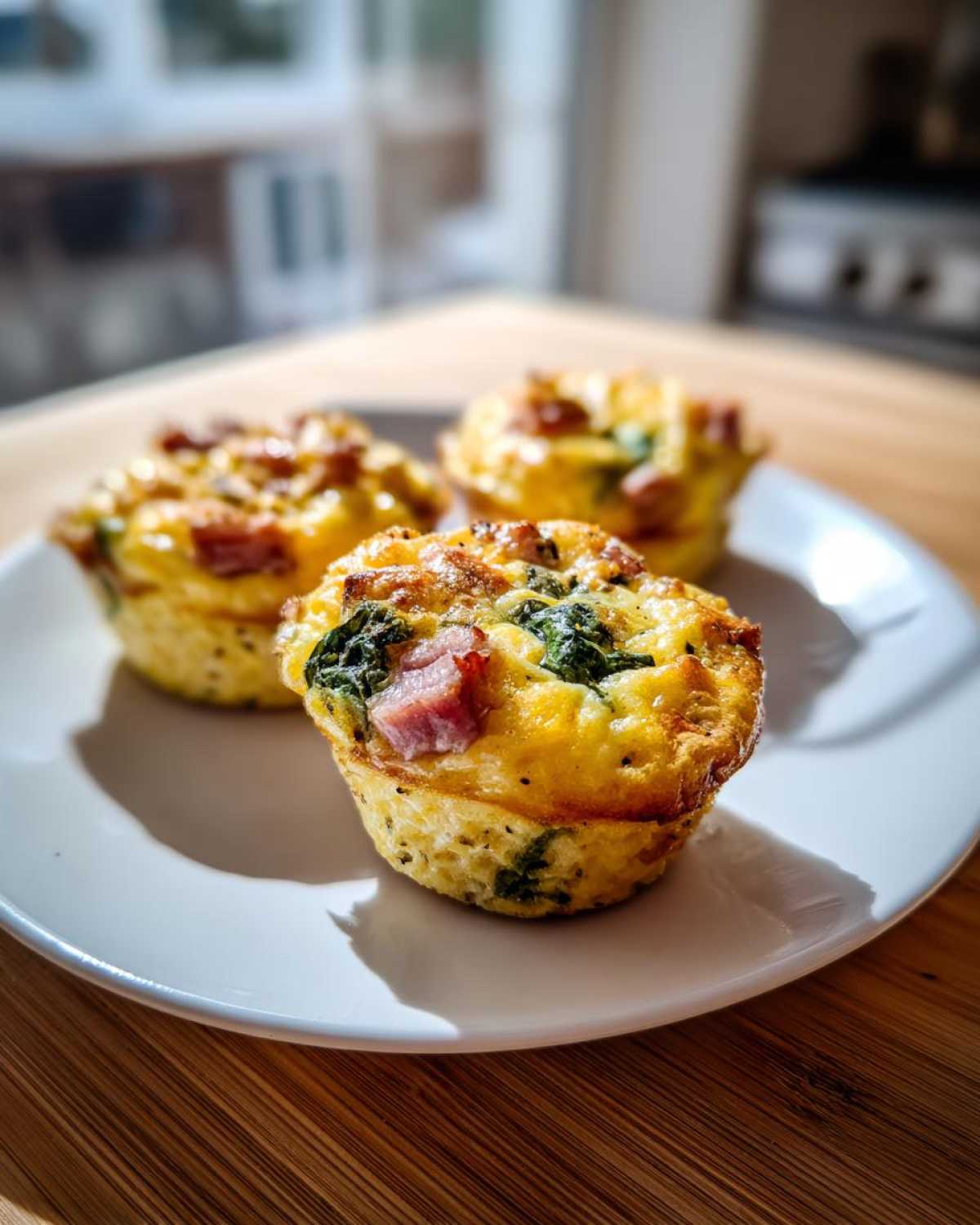 Three golden brown cottage cheese egg cups starbucks style, topped with ham and spinach, served on a white plate.