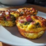 Three freshly baked cottage cheese egg cups starbucks style, topped with diced ham and green vegetables, resting on a white plate.