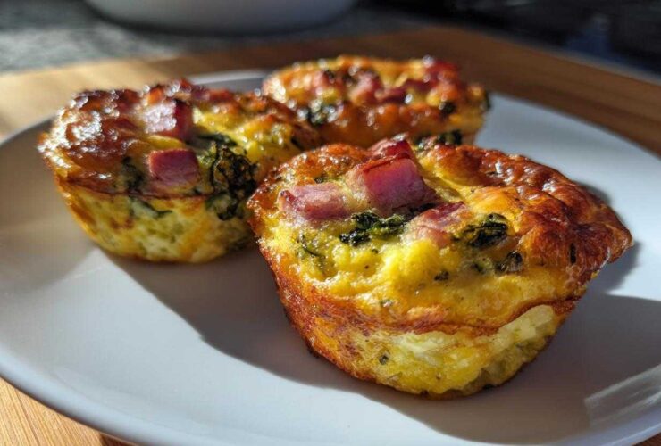 Three freshly baked cottage cheese egg cups starbucks style, topped with diced ham and green vegetables, resting on a white plate.