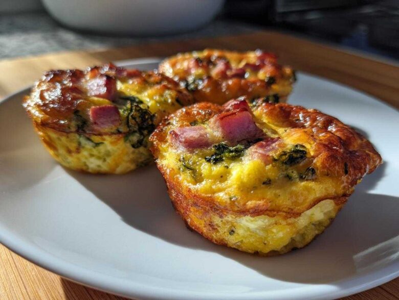 Three freshly baked cottage cheese egg cups starbucks style, topped with diced ham and green vegetables, resting on a white plate.