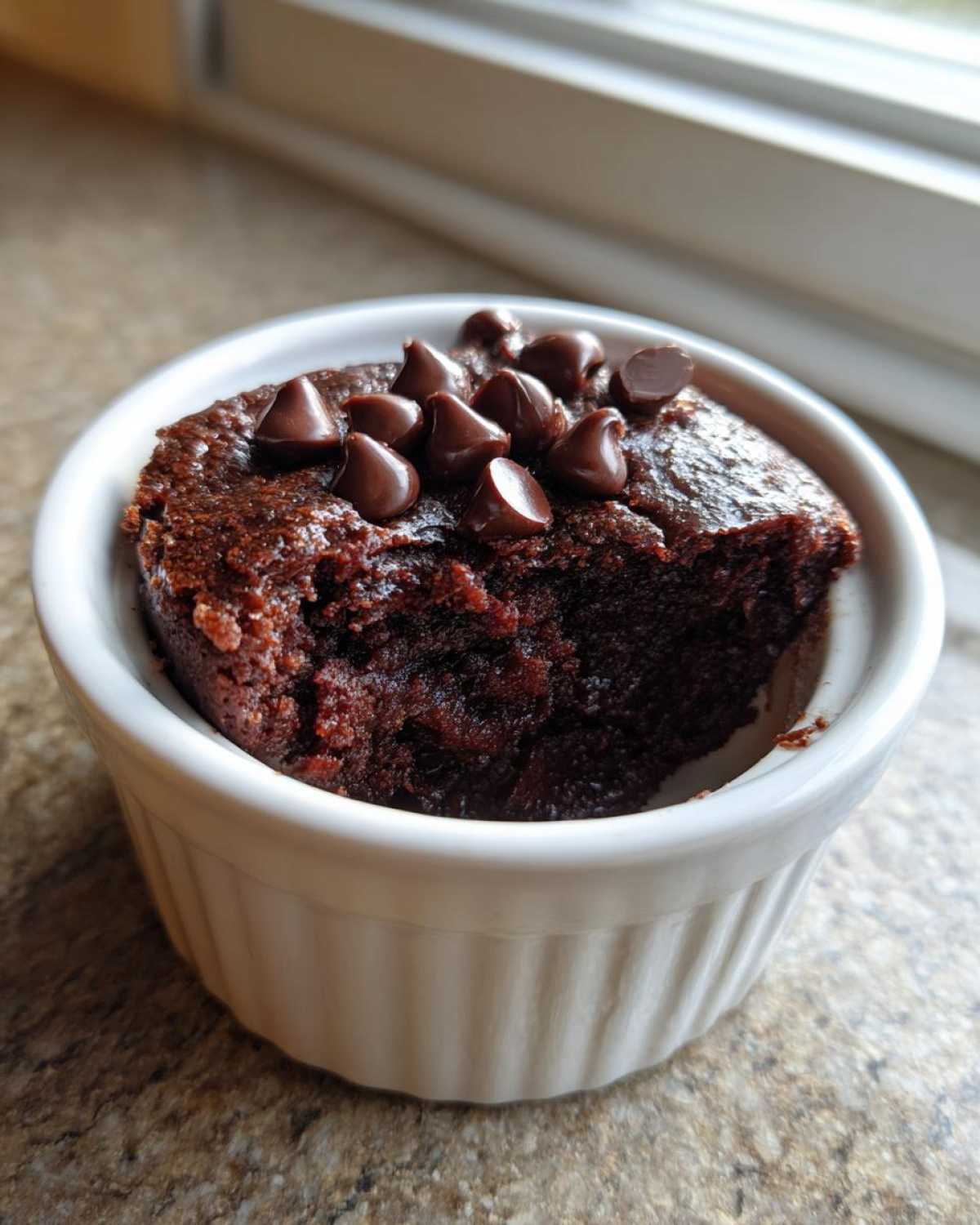 Close-up of a rich, dark Cottage Cheese Microwave Brownie in a white ramekin, topped with chocolate chips.