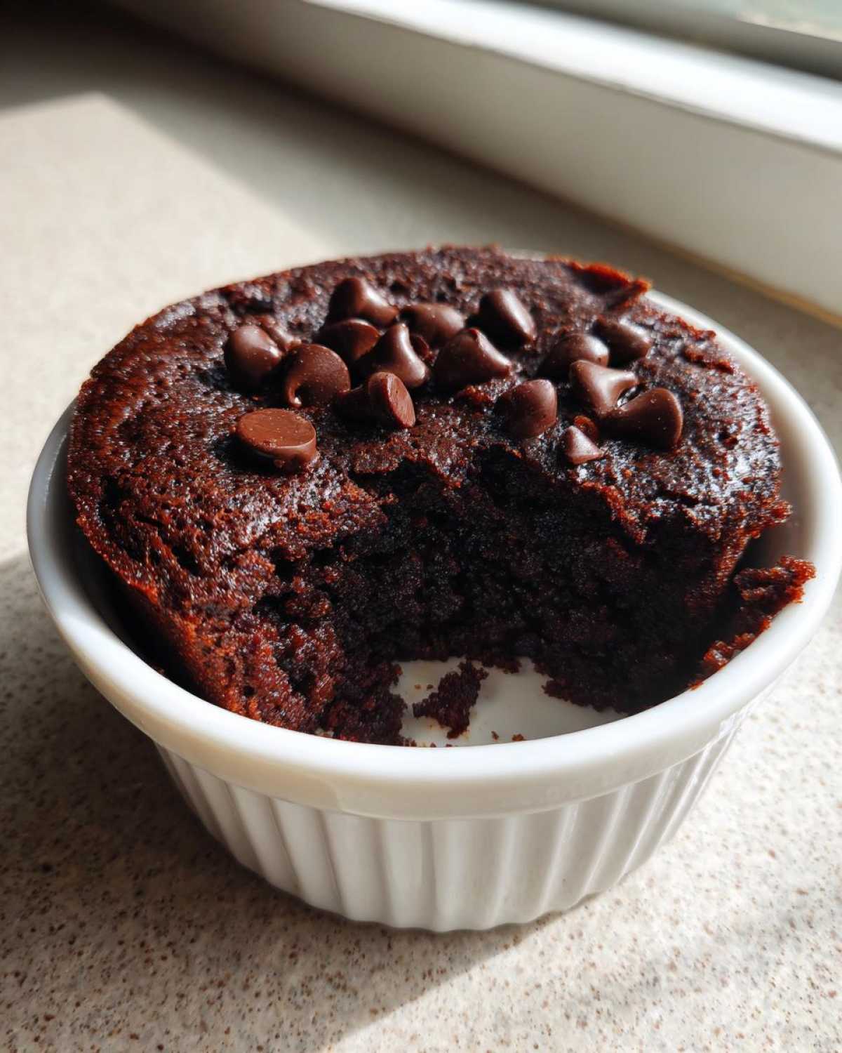 A rich, dark chocolate Cottage Cheese Microwave Brownie topped with chocolate chips, served in a white ramekin.
