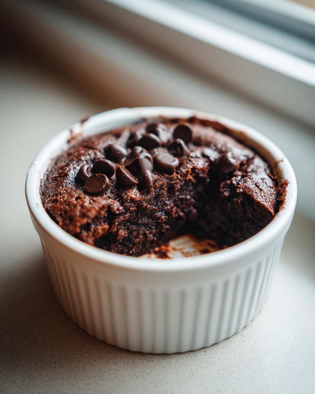 A rich, dark chocolate Cottage Cheese Microwave Brownie topped with chocolate chips in a white fluted ramekin.