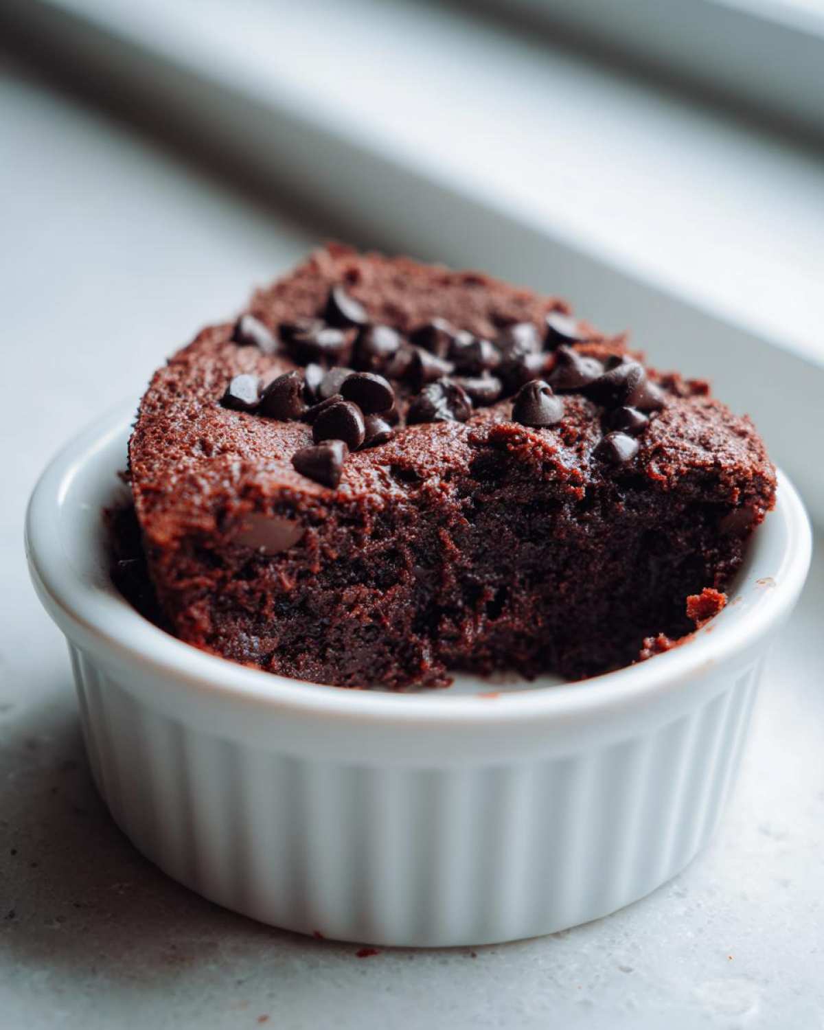 A rich, dark chocolate Cottage Cheese Microwave Brownie topped with chocolate chips, served in a white ramekin.