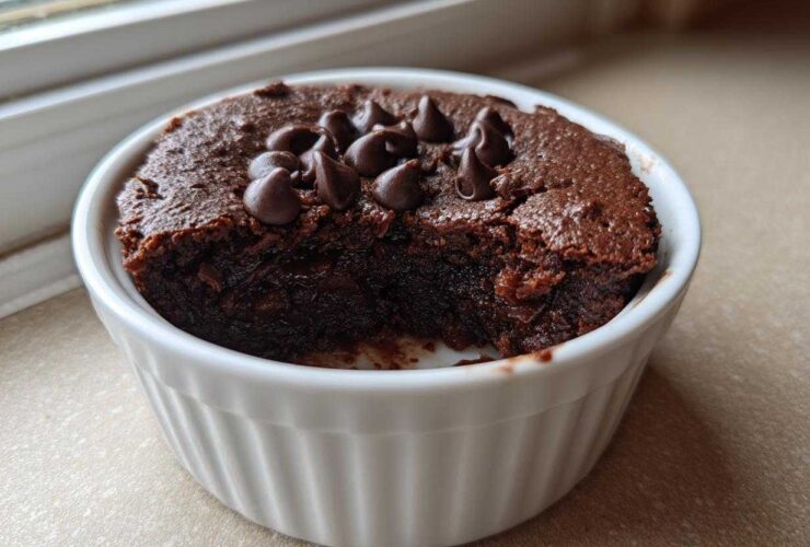A rich, dark chocolate Cottage Cheese Microwave Brownie topped with chocolate chips, served in a white ramekin.