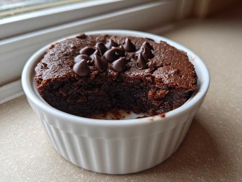 A rich, dark chocolate Cottage Cheese Microwave Brownie topped with chocolate chips, served in a white ramekin.