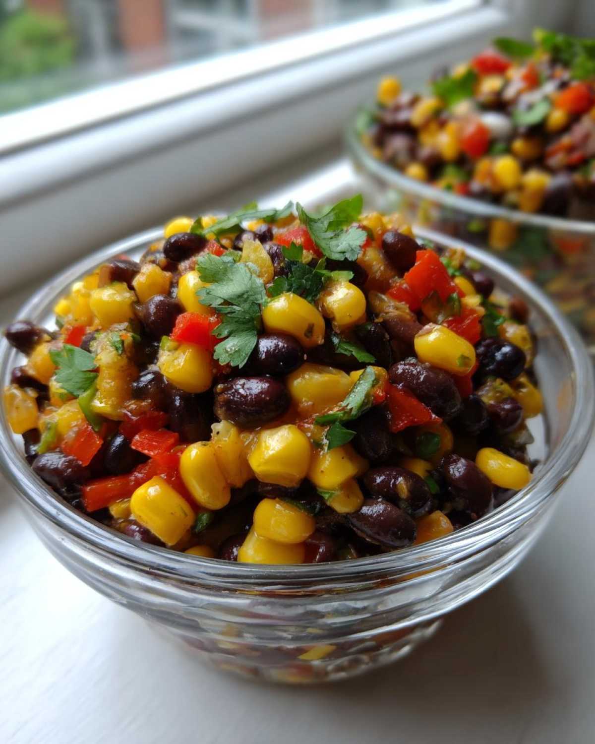 Close-up of vibrant cowboy caviar featuring black beans, yellow corn, and red peppers, garnished with cilantro.
