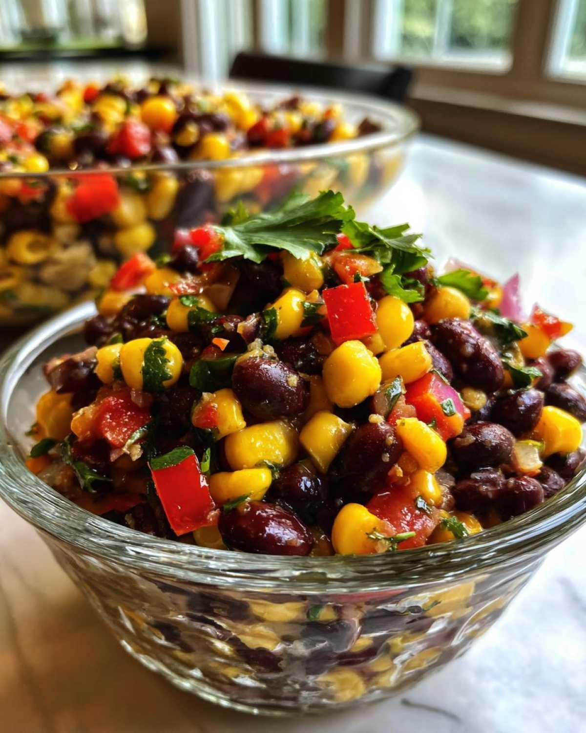 Close-up of vibrant cowboy caviar featuring black beans, yellow corn, and red peppers, garnished with cilantro.
