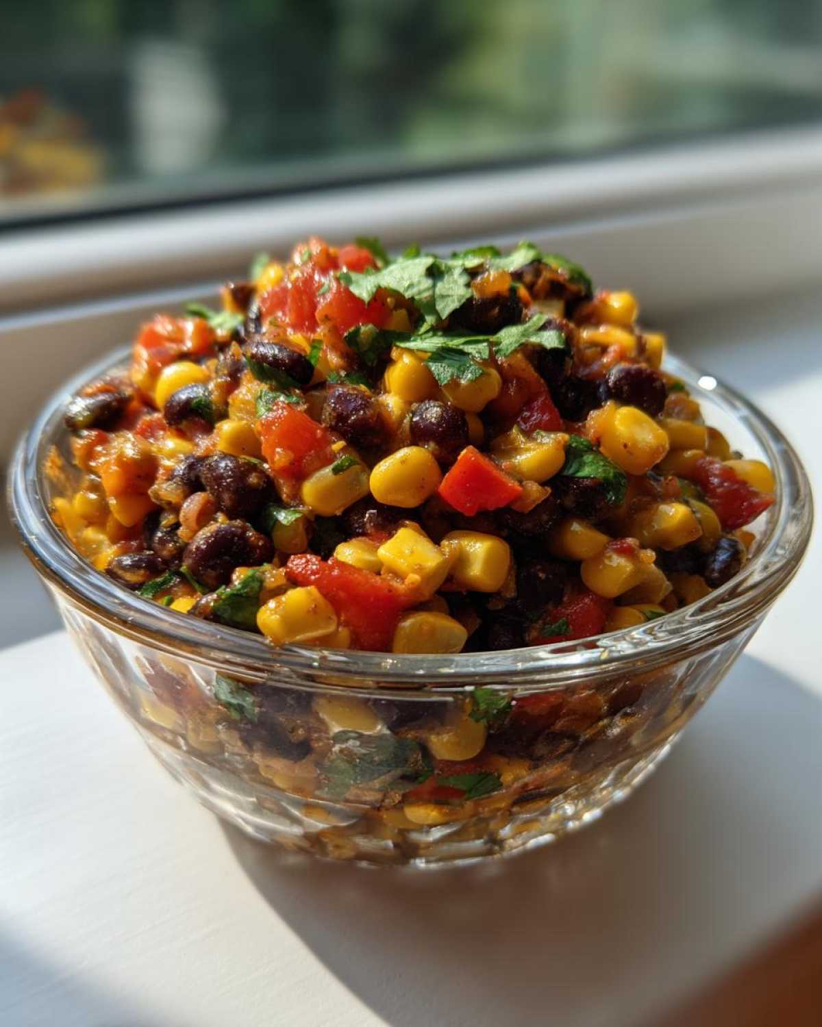 Close-up of fresh cowboy caviar made with corn, black beans, and tomatoes, topped with cilantro.