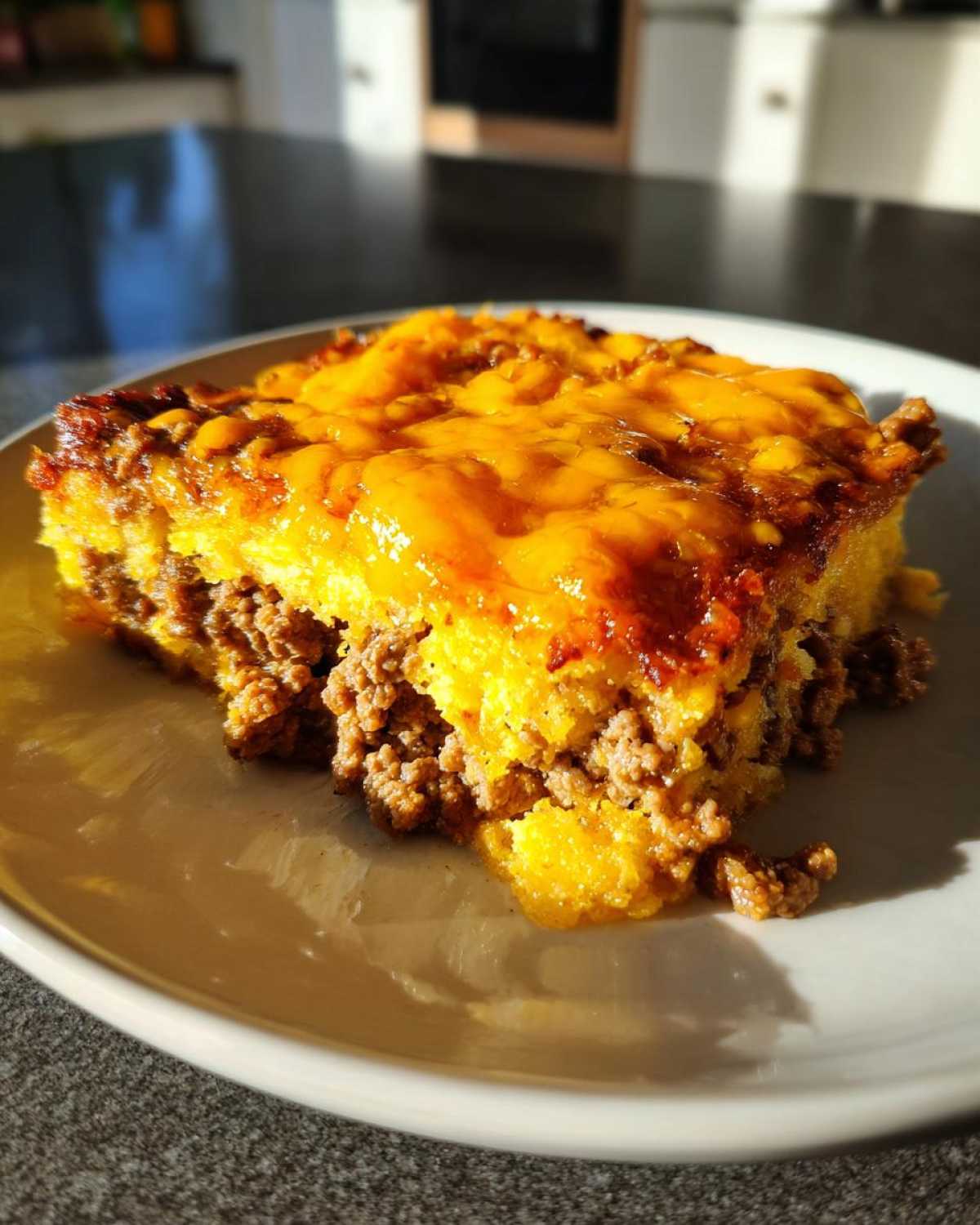 A close-up slice of cowboy cornbread casserole featuring a layer of seasoned ground beef topped with melted cheddar cheese.