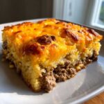 A close-up slice of cowboy cornbread casserole featuring a golden cornbread layer topped with browned ground meat and melted cheddar cheese.