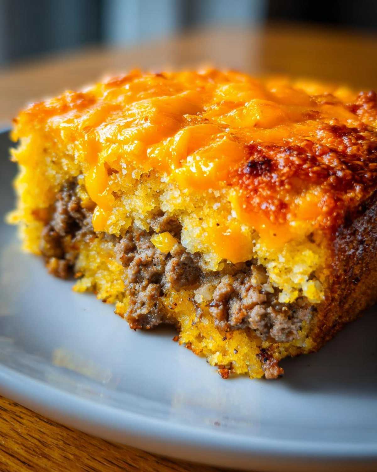 Close-up of a hearty slice of cowboy cornbread casserole showing ground meat filling and melted cheddar cheese topping.