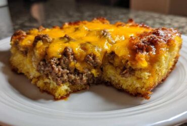 A close-up of a hearty slice of cowboy cornbread casserole featuring a layer of seasoned ground beef topped with melted cheddar cheese.