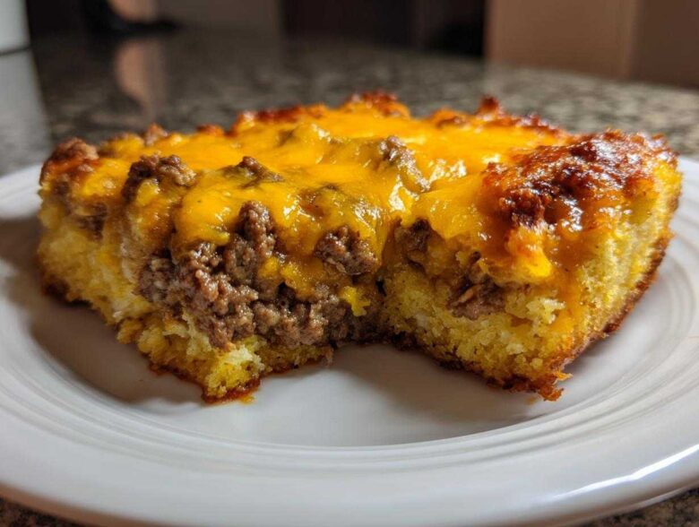 A close-up of a hearty slice of cowboy cornbread casserole featuring a layer of seasoned ground beef topped with melted cheddar cheese.