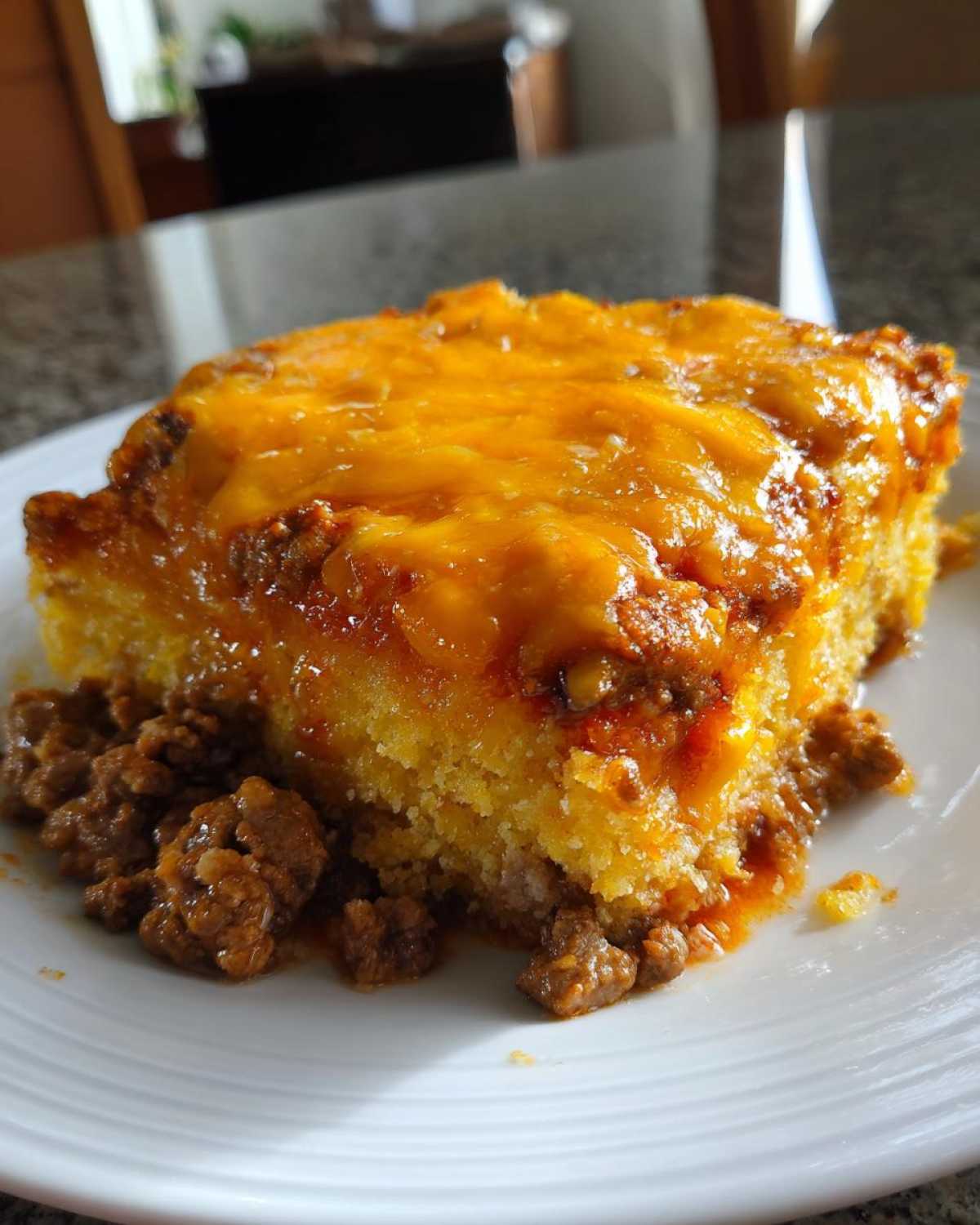 A generous slice of cowboy cornbread casserole topped with melted cheddar cheese and ground beef chili.