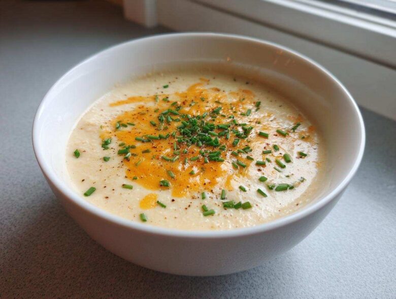 A white bowl filled with creamy cauliflower soup, topped with melted cheddar cheese and fresh chopped chives.