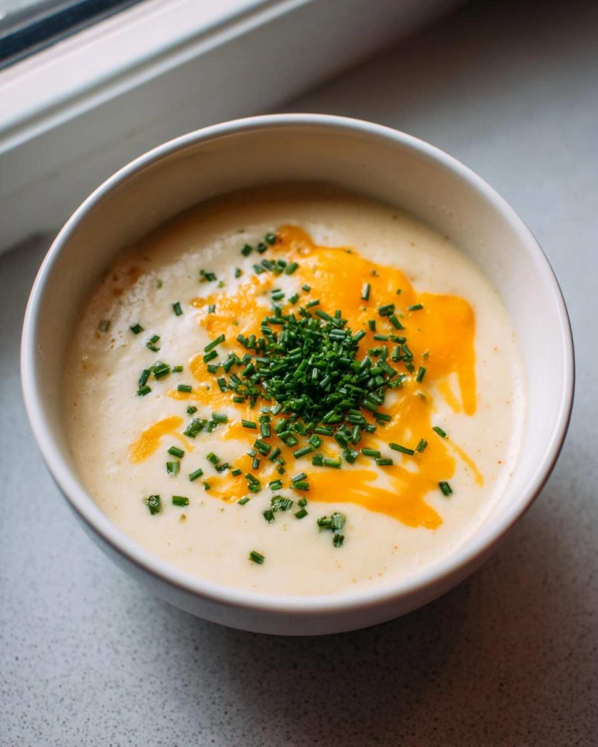 A creamy bowl of cauliflower soup topped with melted cheddar cheese and fresh chopped chives.