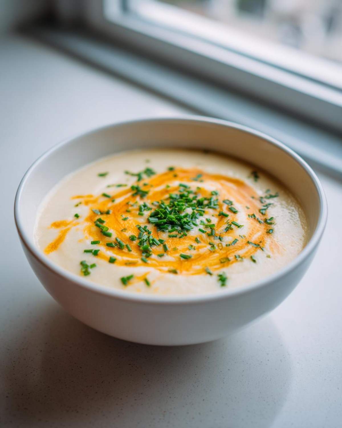 A bowl of creamy cauliflower soup topped with a swirl of orange oil and fresh chopped chives.