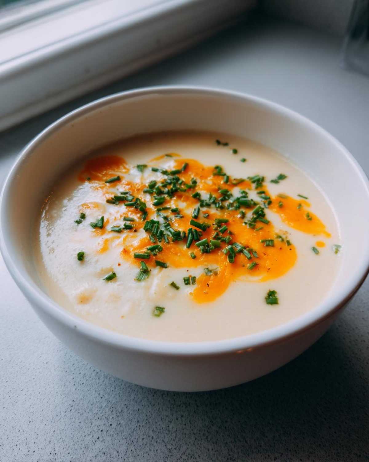 A white bowl filled with creamy cauliflower soup, topped with melted orange cheese and fresh chopped chives.