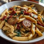 Close-up of creamy chicken sausage pasta featuring penne, sliced sausage, spinach, and sun-dried tomatoes.