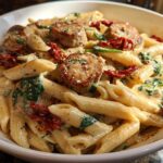 Close-up of creamy chicken sausage pasta featuring penne, sliced sausage, spinach, and sun-dried tomatoes.
