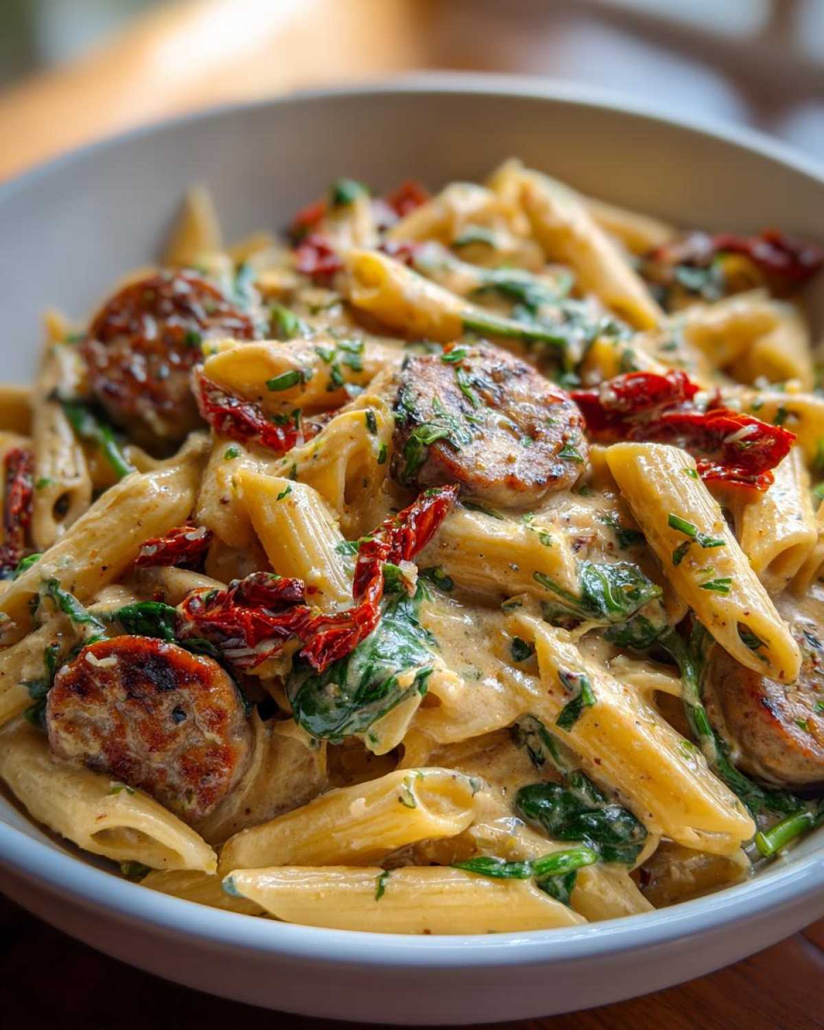 Close-up of creamy chicken sausage pasta featuring penne, seared sausage slices, spinach, and sun-dried tomatoes.