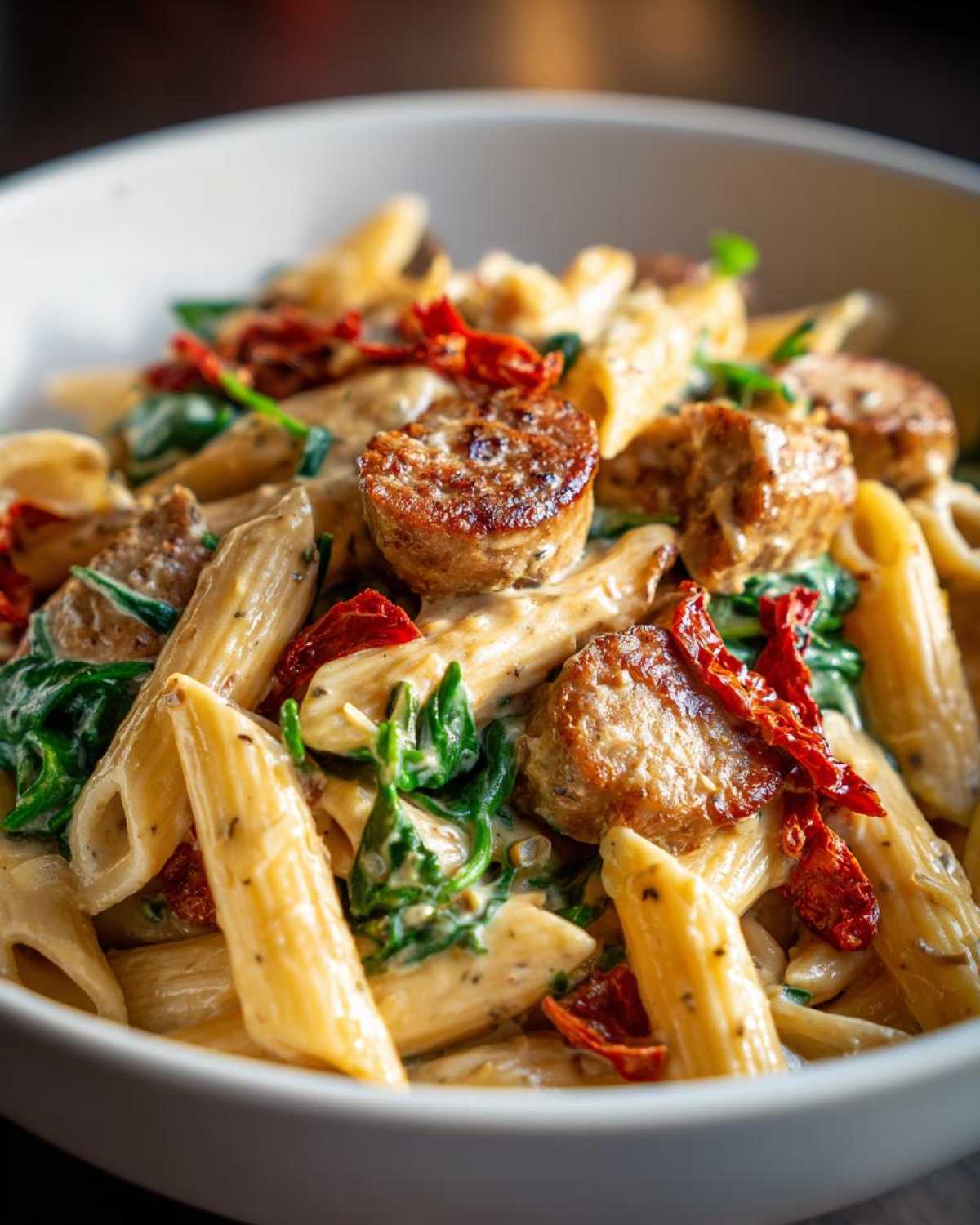 Close-up of creamy chicken sausage pasta featuring penne, browned sausage slices, spinach, and sun-dried tomatoes.