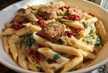 Close-up of creamy chicken sausage pasta featuring penne, sliced sausage, spinach, and sun-dried tomatoes.