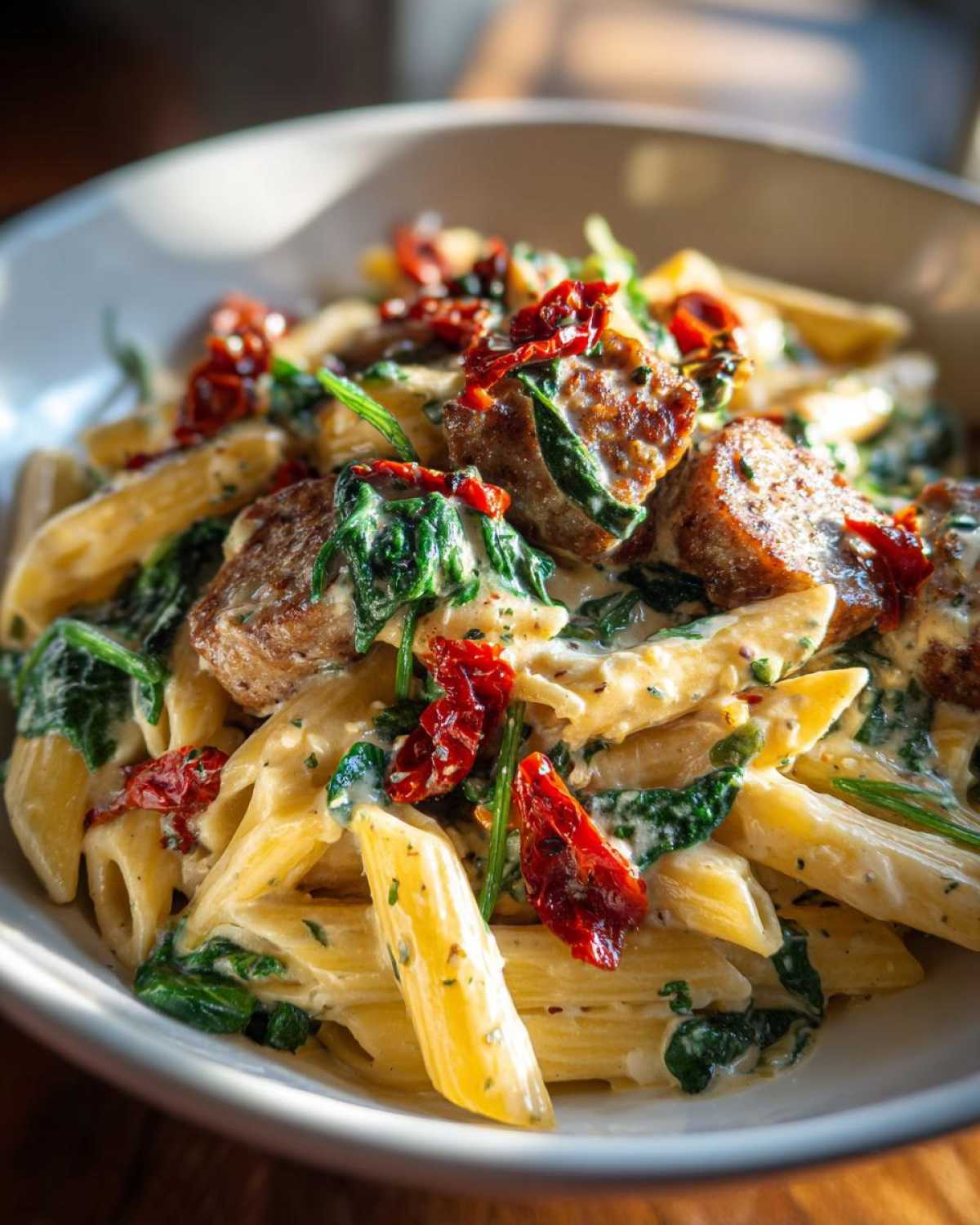 Close-up of creamy chicken sausage pasta featuring penne, browned sausage pieces, wilted spinach, and vibrant sun-dried tomatoes.