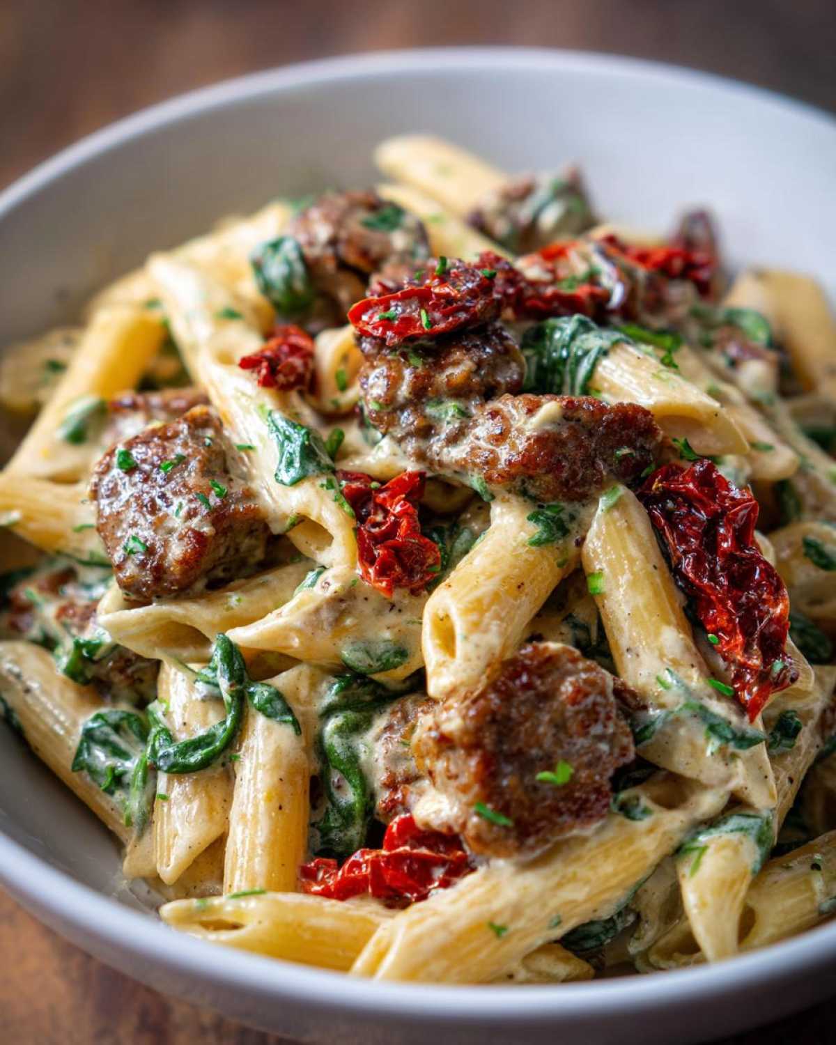 Close-up of creamy chicken sausage pasta featuring penne, spinach, and sun-dried tomatoes.
