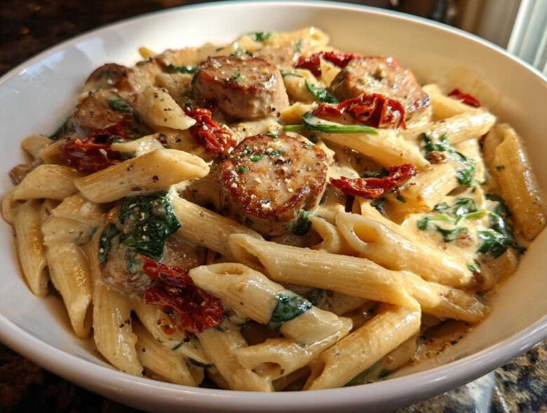 Close-up of creamy chicken sausage pasta featuring penne, sliced sausage, spinach, and sun-dried tomatoes.