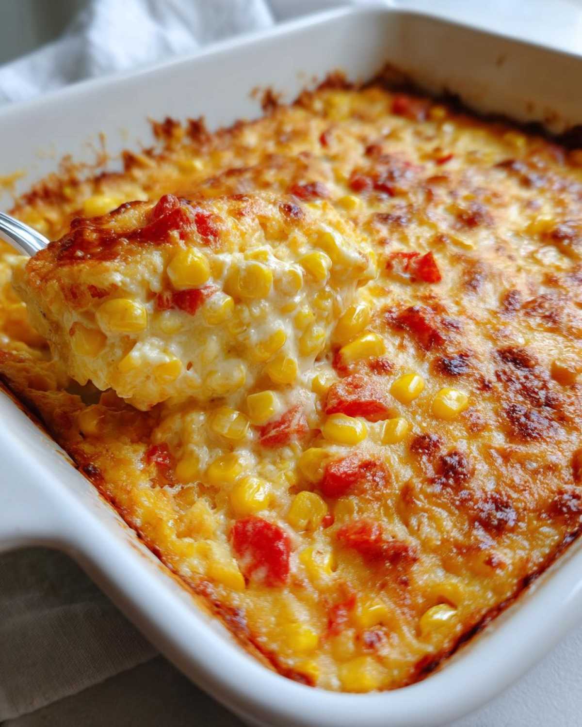 A spoonful of hot, cheesy corn dip with cream cheese and red peppers being lifted from a white baking dish.