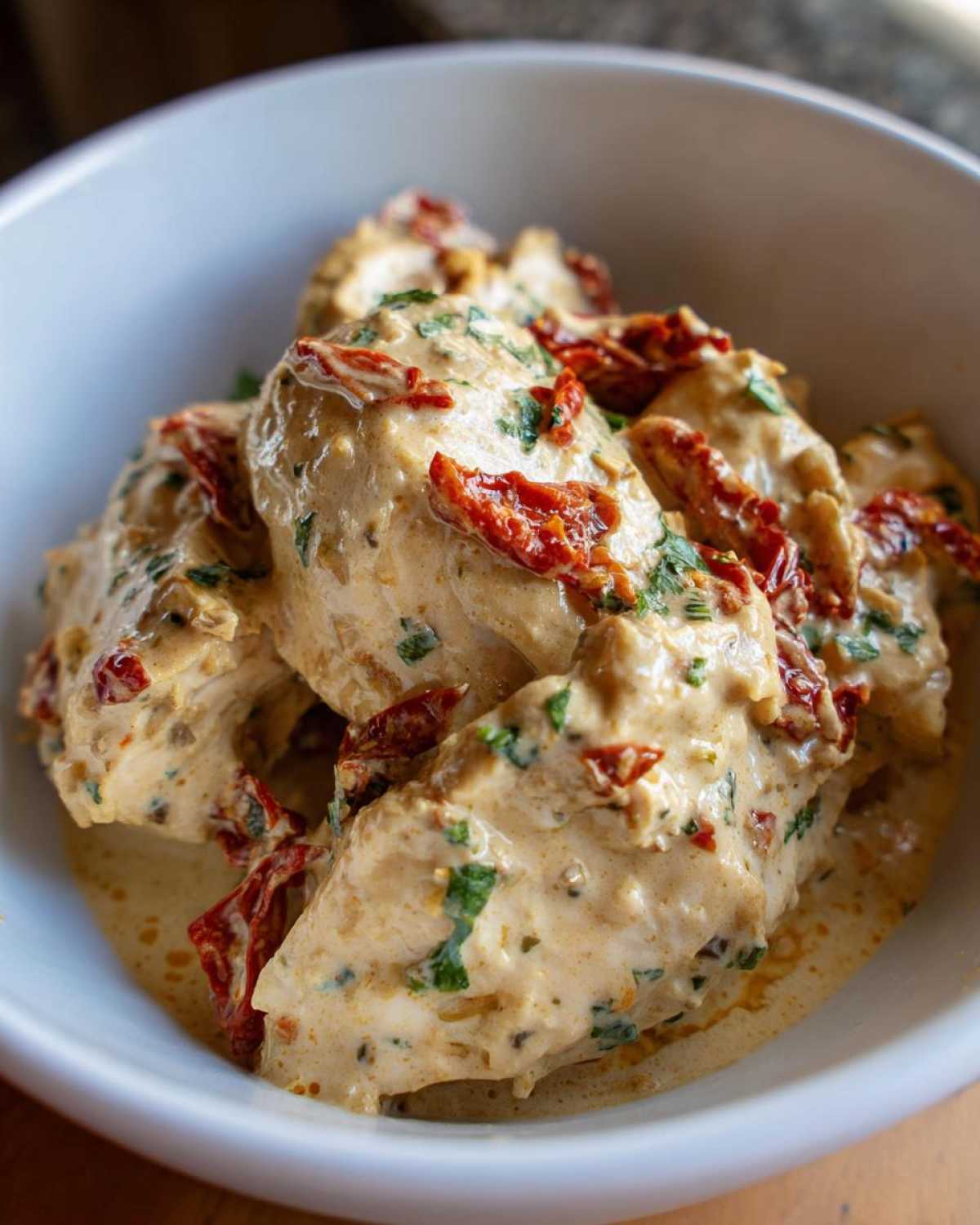 Close-up of tender chicken breasts smothered in a creamy sauce with sun-dried tomatoes and herbs, representing Crockpot Marry Me Chicken.