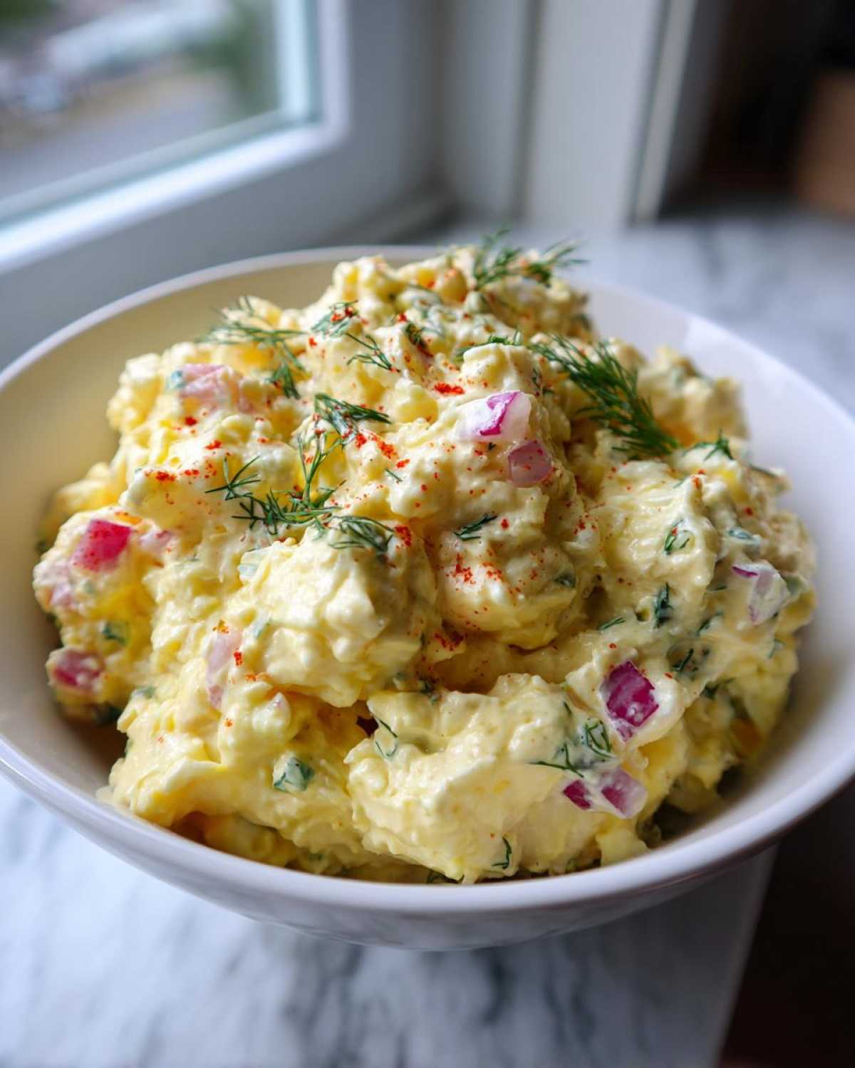 A close-up of a creamy bowl filled with amazing egg salad recipe, garnished with red onion, dill, and paprika.