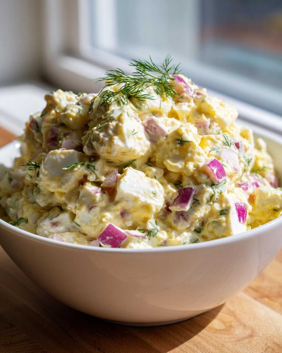 A white bowl filled with creamy egg salad recipe, featuring chunks of egg, red onion, and topped with fresh dill.