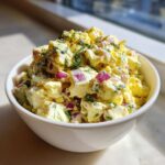 Close-up of creamy egg salad recipe with chunks of red onion and fresh dill in a white bowl.