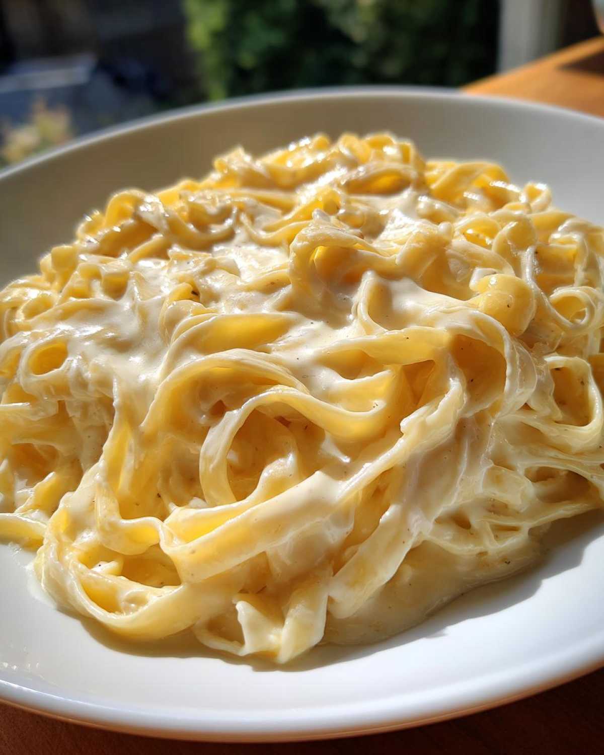 Close-up of fettuccine pasta generously coated in rich, creamy Olive Garden Alfredo Sauce.