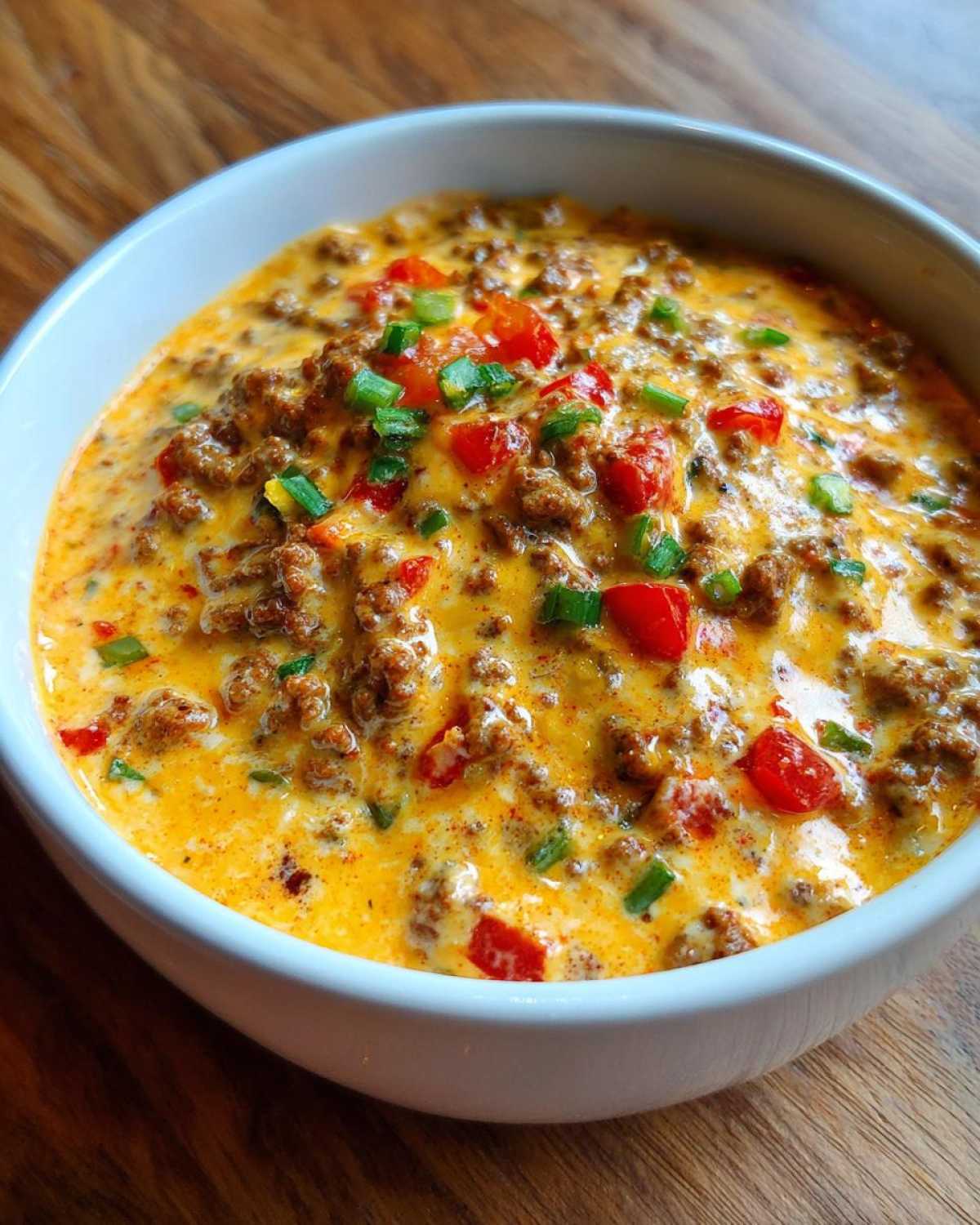 Close-up of a rich, cheesy ground beef rotel dip topped with diced tomatoes and green onions.