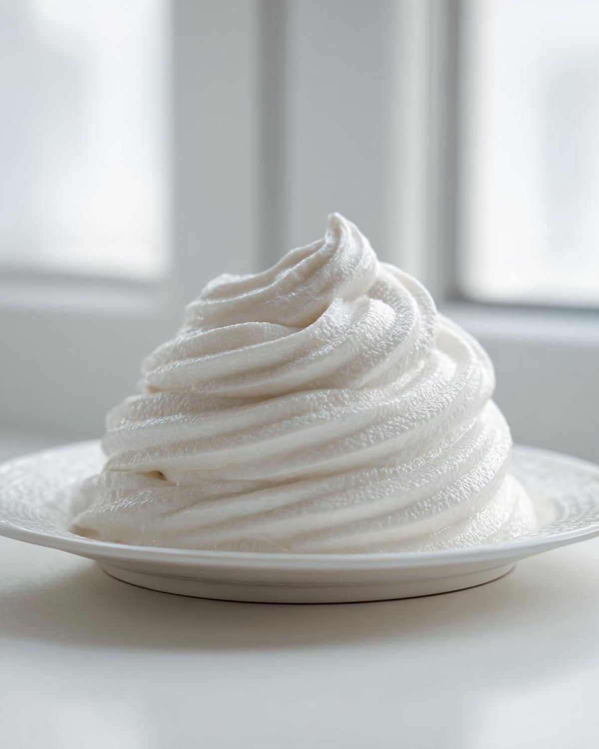 A tall, perfectly piped swirl of creamy homemade alfredo sauce served on a small white plate.