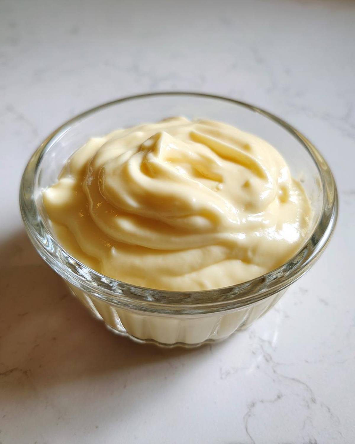 A close-up of thick, pale yellow homemade mayonnaise swirled beautifully in a small clear glass bowl.
