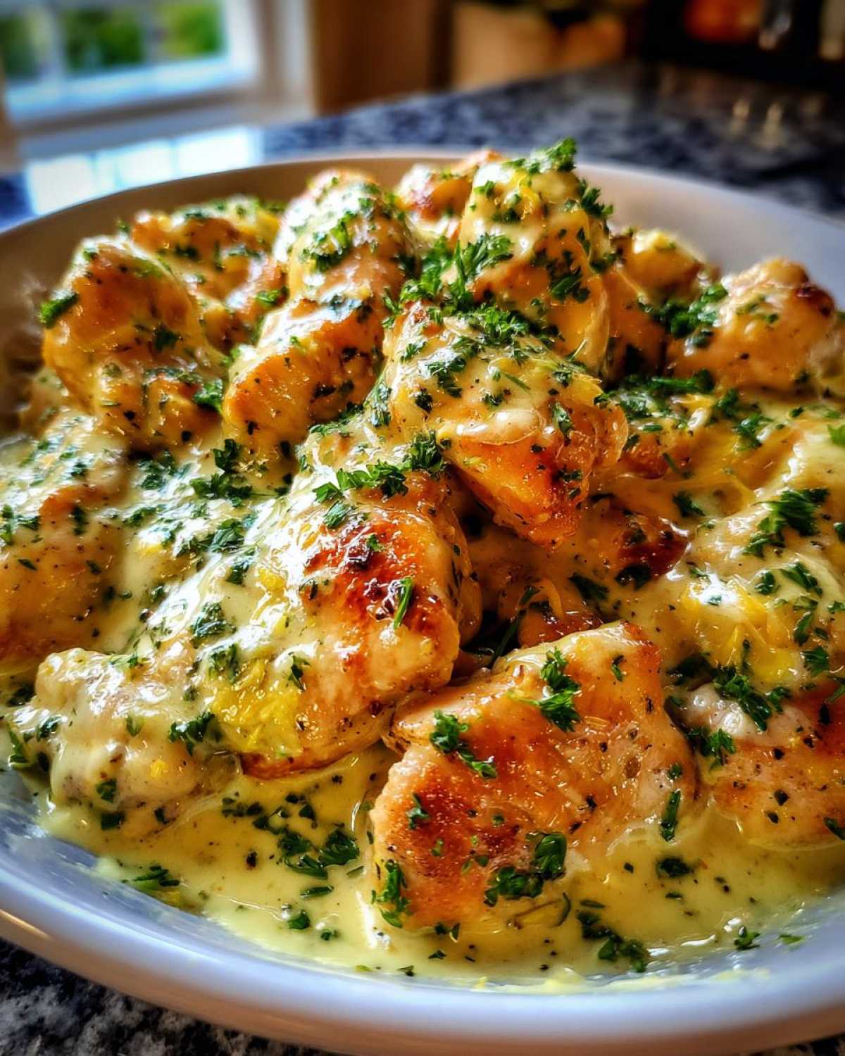 Close-up of pan-seared chicken pieces generously coated in a rich, creamy lemon sauce and garnished with fresh parsley.