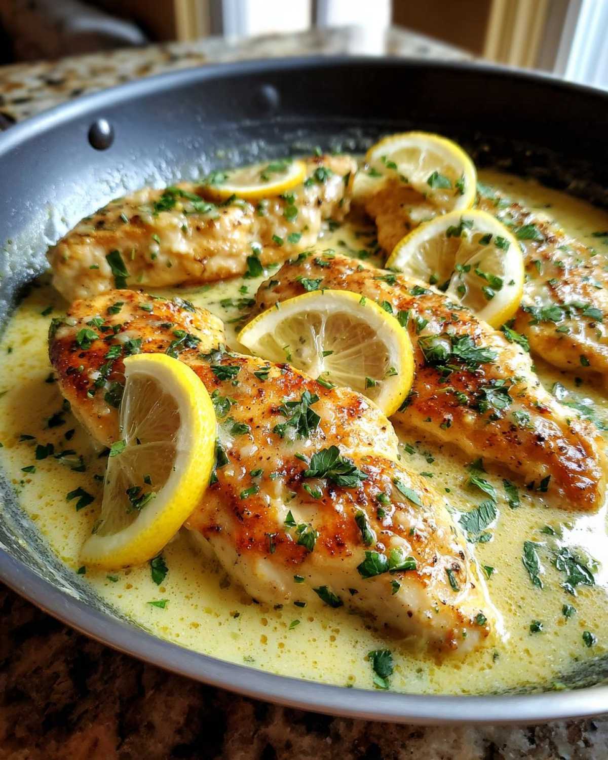 Close-up of seared chicken breasts simmering in a creamy lemon sauce, garnished with fresh parsley and lemon slices, ready for creamy lemon chicken.
