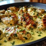 Close-up of pan-seared chicken pieces coated in a rich, creamy lemon chicken sauce and garnished with fresh parsley.